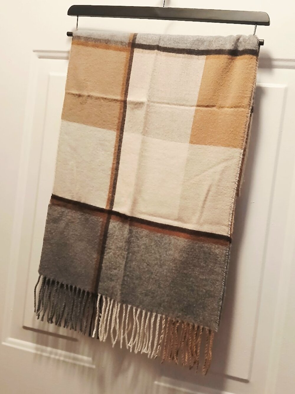 Neutral Plaid Scarf with Fringe 30x66"